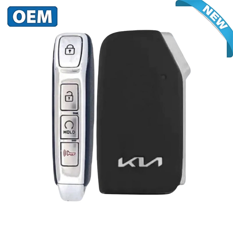 Kia EV6 4-button smart key with 433 MHz frequency shown alongside the key fob battery compartment