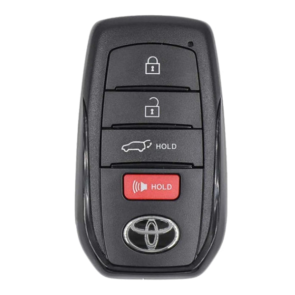 Close-up of Toyota Crown Smart Key for 2025 models with Hatch Hold, Lock, Panic, Unlock buttons