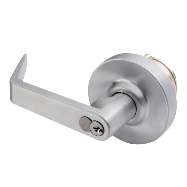 Close-up of Arrow SRX87 26D Exit Device Trim in Satin Chrome Finish