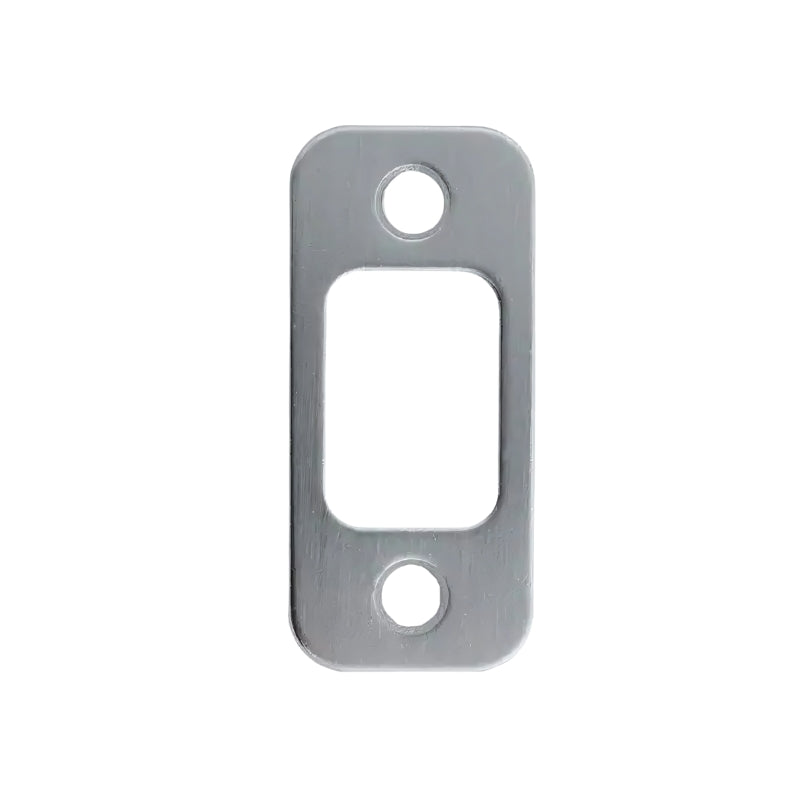 Close-up of the Cal-Royal CRL-DBS1214RC-US26D deadbolt strike plate in Satin Chrome finish.