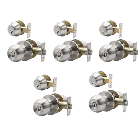 5 x Premium Combo Lockset - Stainless Steel - Entrance - Grade 3 - KW1 (Pack of 5)