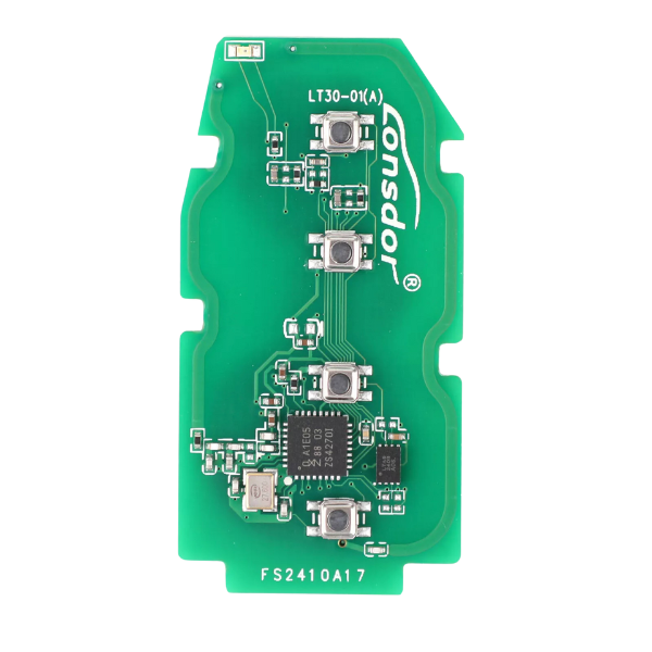 Close-up of the Lonsdor LT30-01 smart key PCB, highlighting the high-quality components and Toyota-compatible features.