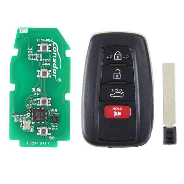 Front view of the Lonsdor LT30-01 Toyota 4A Universal Smart Key PCB, showcasing its durable design and 4-button layout.