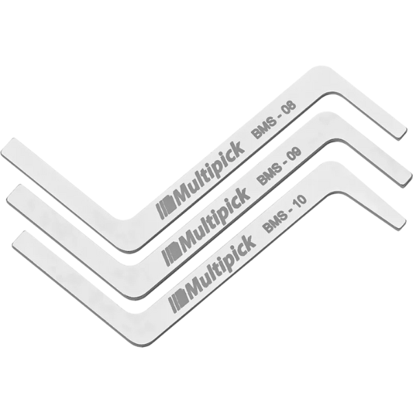 Close-up view of Multipick's 3-piece dimple pin tension wrench set for enhanced lockpicking control