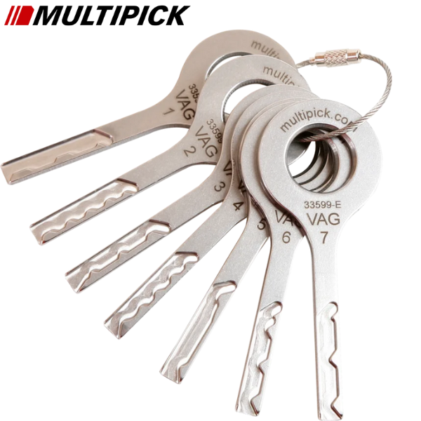 Multipick VAG Stainless Steel Laser Track Key Set (7 pieces) for unlocking Volkswagen, Audi, and Skoda car models.