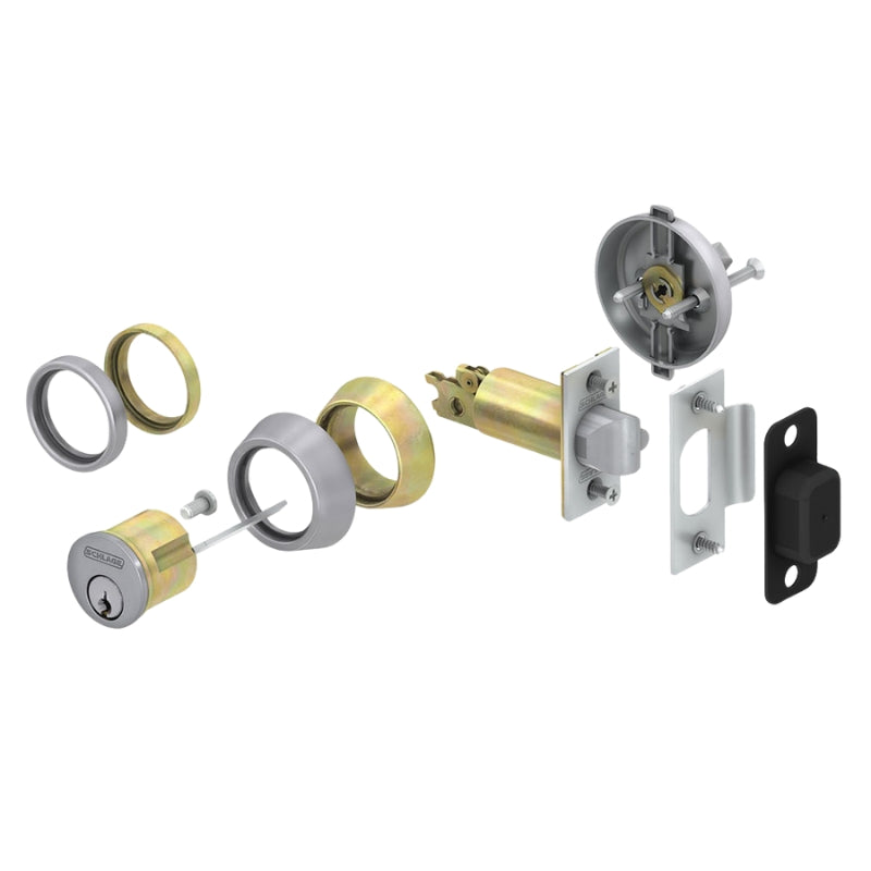 Exploded view of Schlage B250P6-626 deadlatch components, including latch and cylinder