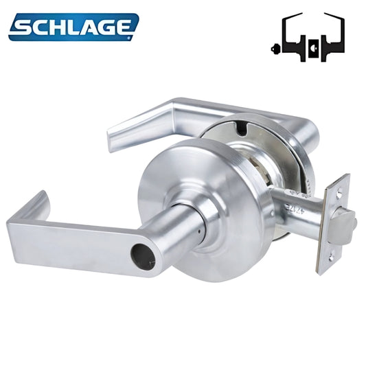 Schlage ND80LD-RHO-626 storeroom lock with Rhodes lever in satin chrome finish