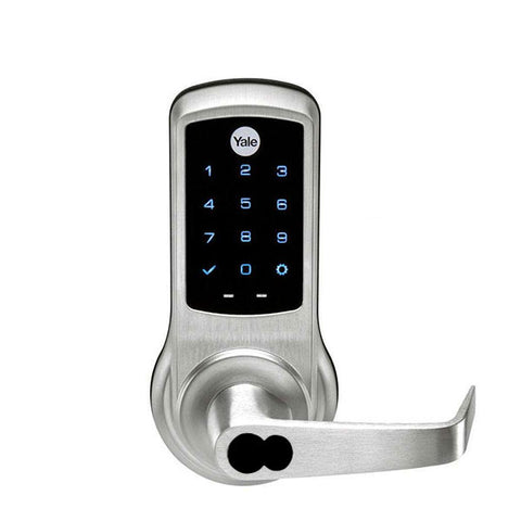 Accentra (Formerly Yale) - ﻿NexTouch - Commercial Electronic Keypad Lever Lock - Augusta Lever - Capacitive Touchscreen Keypad w/ Key Override - 2-3/4" Backset - SFIC Prep Less Core - Satin Chrome - Grade 1