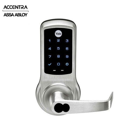 Accentra (Formerly Yale) - ﻿NexTouch - Commercial Electronic Keypad Lever Lock - Augusta Lever - Capacitive Touchscreen Keypad w/ Key Override - 2-3/4" Backset - SFIC Prep Less Core - Satin Chrome - Grade 1