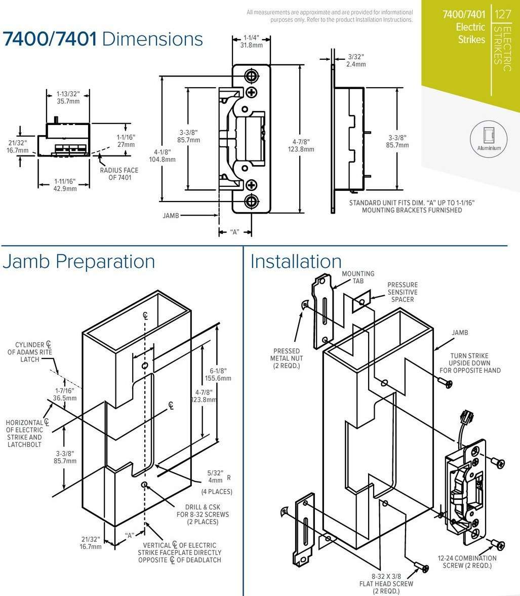 Adams Rite - 7400 - Electric Strike for Adams Rite or Deadlatches or Cylindrical Locks - 1/2" to 5/8" Latchbolt  - Satin Stainless - Fail Safe/Fail Secure - 1-1/4" x 4-7/8" - Flat Radius Plate - 12/24 VDC - UHS Hardware