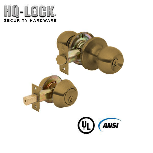 HQ LOCK - Entry Lockset -  Deadbolt Combo Set - Single Cylinder - Antique Brass - Optional Keyway - UHS Hardware