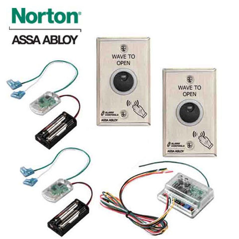 Norton - 767K2 - Touchless Actuator Kit - (2) 767 Wall Switches / (2) 546 Transmitters / (1) 537 Receiver - Single Gang - Infrared Sensor w/ 4" range - 1-10 Second Delay - Satin Stainless Steel