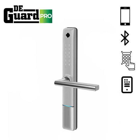 DeGuard Pro - Premium Electronic Keyless Entry Smart Narrow Stile Lever Set - S1B - Hotel / Multifamily - Bluetooth / Fingerprint / RFID / Wi-Fi - IP66 - Silver